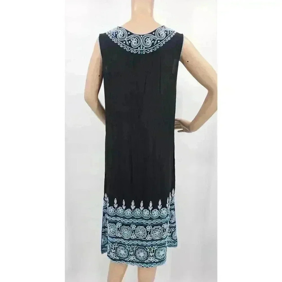 Vintage Women's Black Silk Blue Floral Beaded Sleeveless Shift Dress - Picture 2 of 16